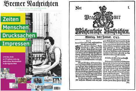 Genau 275 Jahre nach der Erstausgabe (r.) erscheinen die Bremer Nachrichten als Sonderausgabe (l.) zum Jubilum