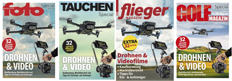 Das Drohnen & Video-Special erscheint mit individualisierten Covern auf den Jahr-Top-Special-Zeitschriften Fotomagazin, Tauchen, Fliegermagazin und Golf Magazin
