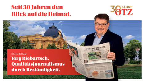 Kampagnen-Motiv: Zum 30. Geburtstag der Ostthringer Zeitung zeigt Chefredakteur Jrg Riebartsch Gesicht - Foto: Funke Mediengruppe