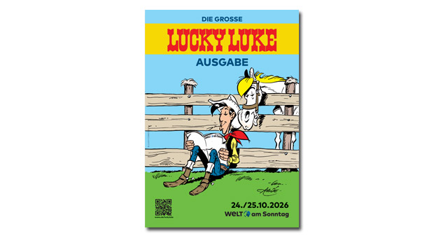 Welt am Sonntag widmet Lucky Luke Sonderausgabe - Mit diesem Poster wirbt Welt am Sonntag für ihre Sonderausgabe zum 80. Geburtstag von Lucky Luke – Bild: Lucky Comics 2026/Story House Egmont Mit diesem Poster wirbt Welt am Sonntag für ihre Sonderausgabe zum 80. Geburtstag von Lucky Luke – Bild: Lucky Comics 2026/Story House Egmont