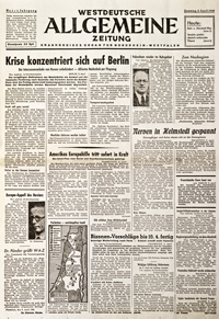 Die erste Titelseite der WAZ vom 3. April 1948 ziert auch die Jubilumsausgabe am 31. Mrz 2018